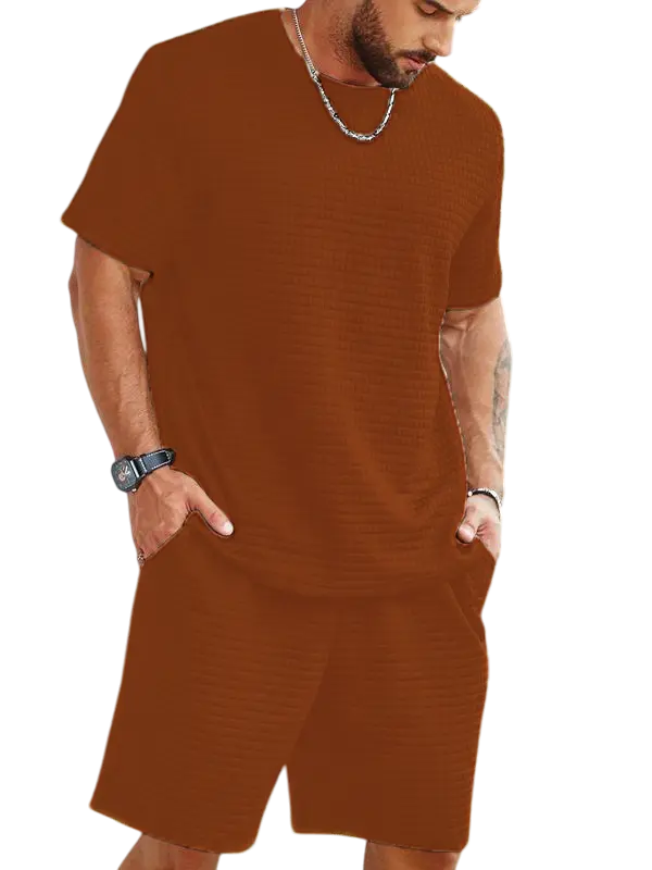 Two-Piece Set Men's Solid Waffle Knit Short Sleeve Tee & Pocket Shorts Set