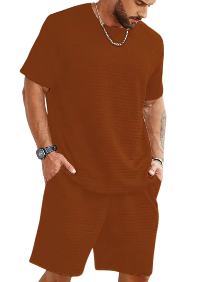 Two-Piece Set Men's Solid Waffle Knit Short Sleeve Tee & Pocket Shorts Set