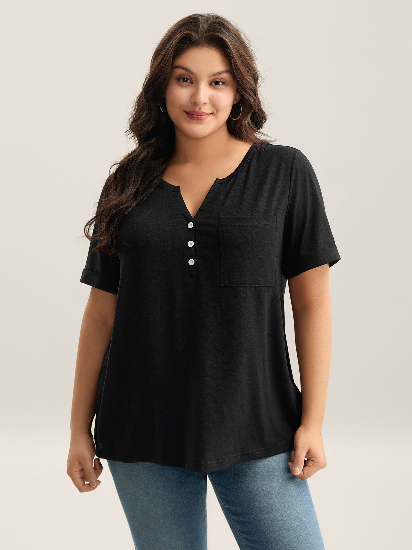 Solid Split Neck Button Detail T-Shirt