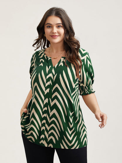 Geometric Print Ruffled Shirred Shirt