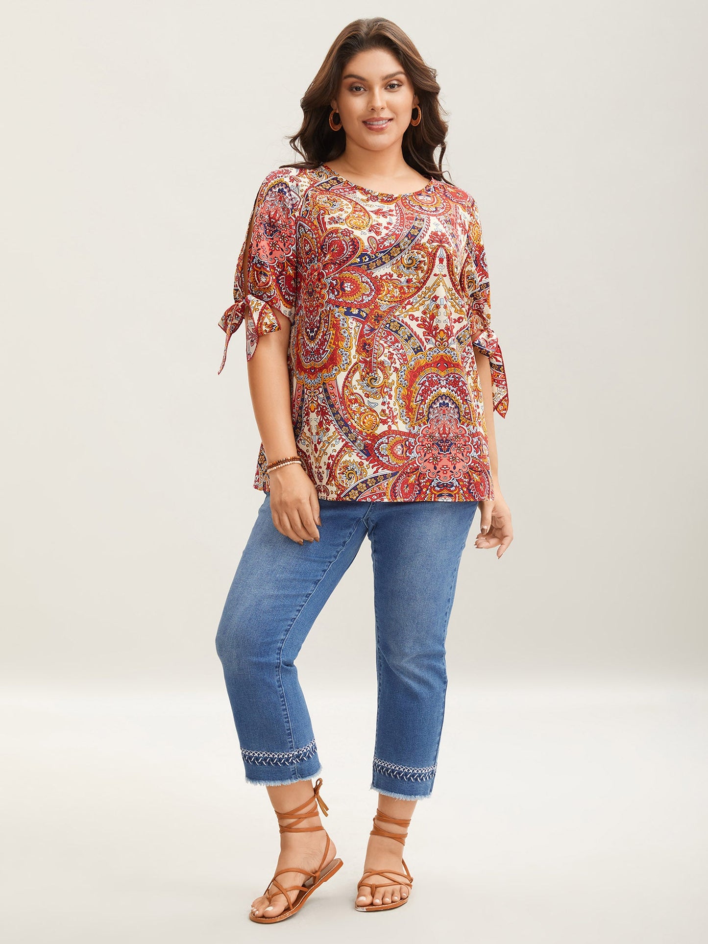Paisley Print Round Neck Tied Shirt
