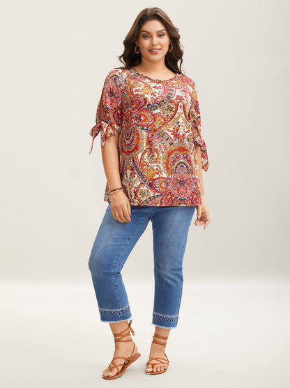 Paisley Print Round Neck Tied Shirt
