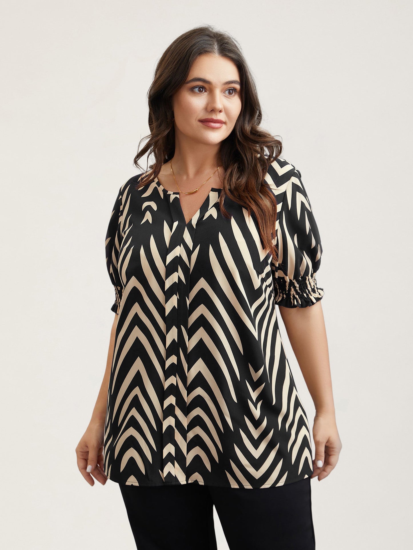 Geometric Print Ruffled Shirred Shirt