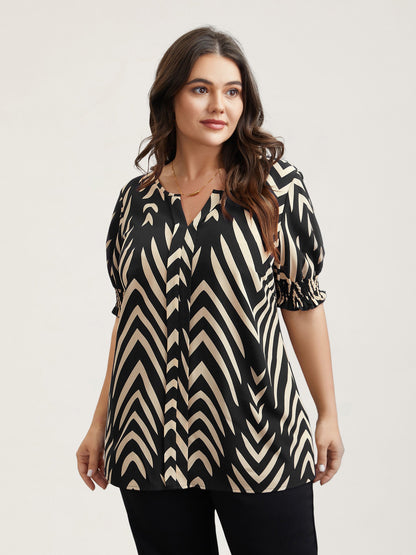 Geometric Print Ruffled Shirred Shirt