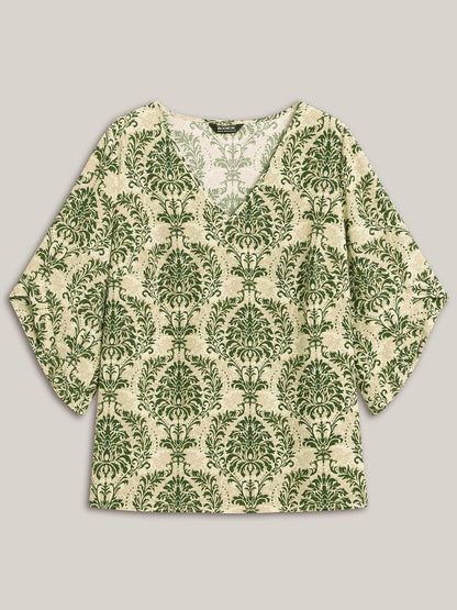 Damask Print Flared Sleeve V-Neck Shirt