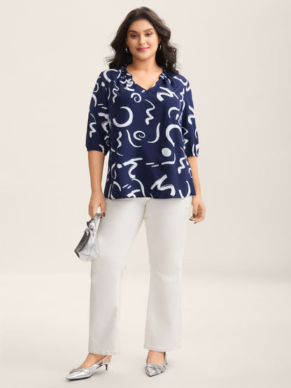 Scribble Print Ruffled Split Neck Blouse