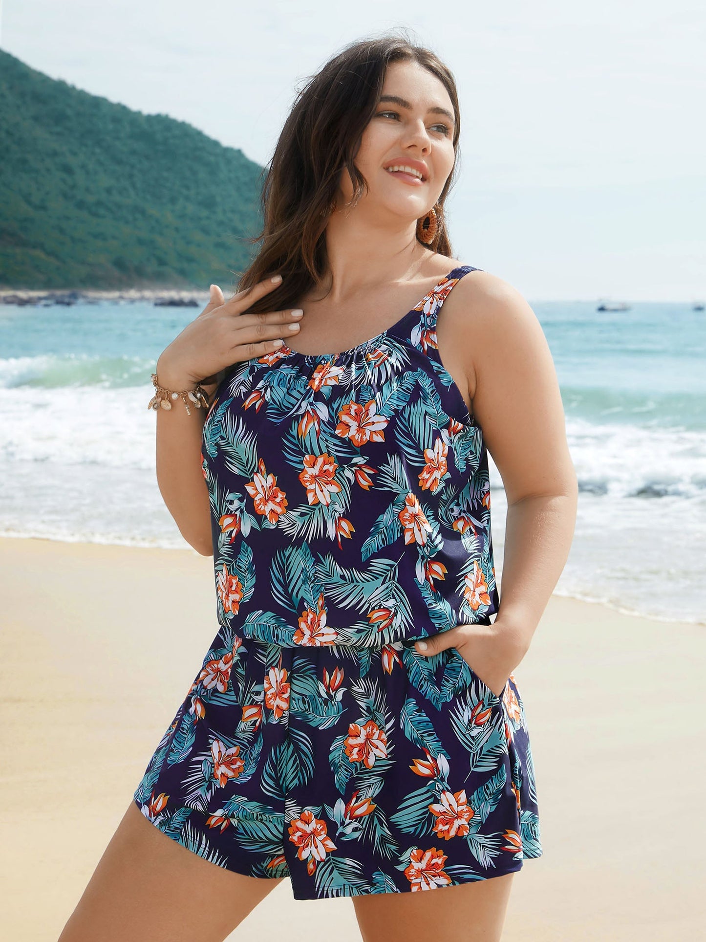 Tropical Flower Print Pockets One-Piece Swimsuit