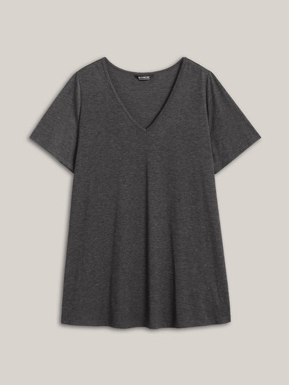 Curved Hem V-Neck Plain Knit Top