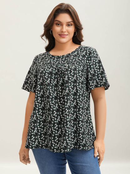 Floral Ruffle Sleeve Gathered Round Neck Blouse