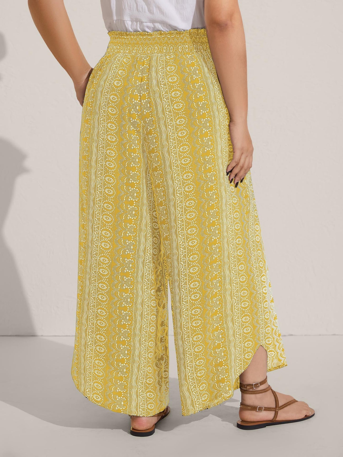 Boho Print Shirred Waist Wide-Leg Pants