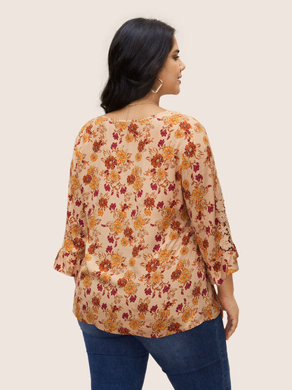 Boho Print Guipure Lace Ruffles Blouse