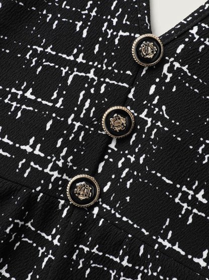 Plaid Tweed Crisscross Back Button Detail Jumpsuit