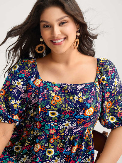 Floral Square Neck Fit and Flare Blouse