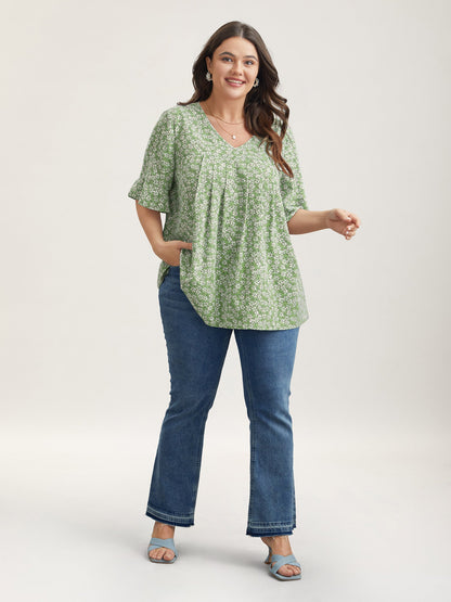 Ditsy Floral Pleated Flared Sleeve Shirt