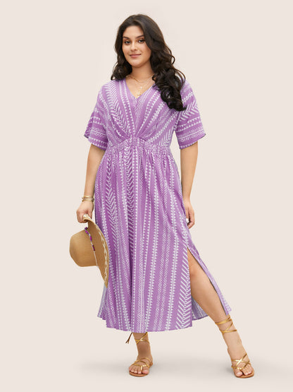 Solid Geometric Dolman Sleeve Pocket Shirred Split Hem Dress