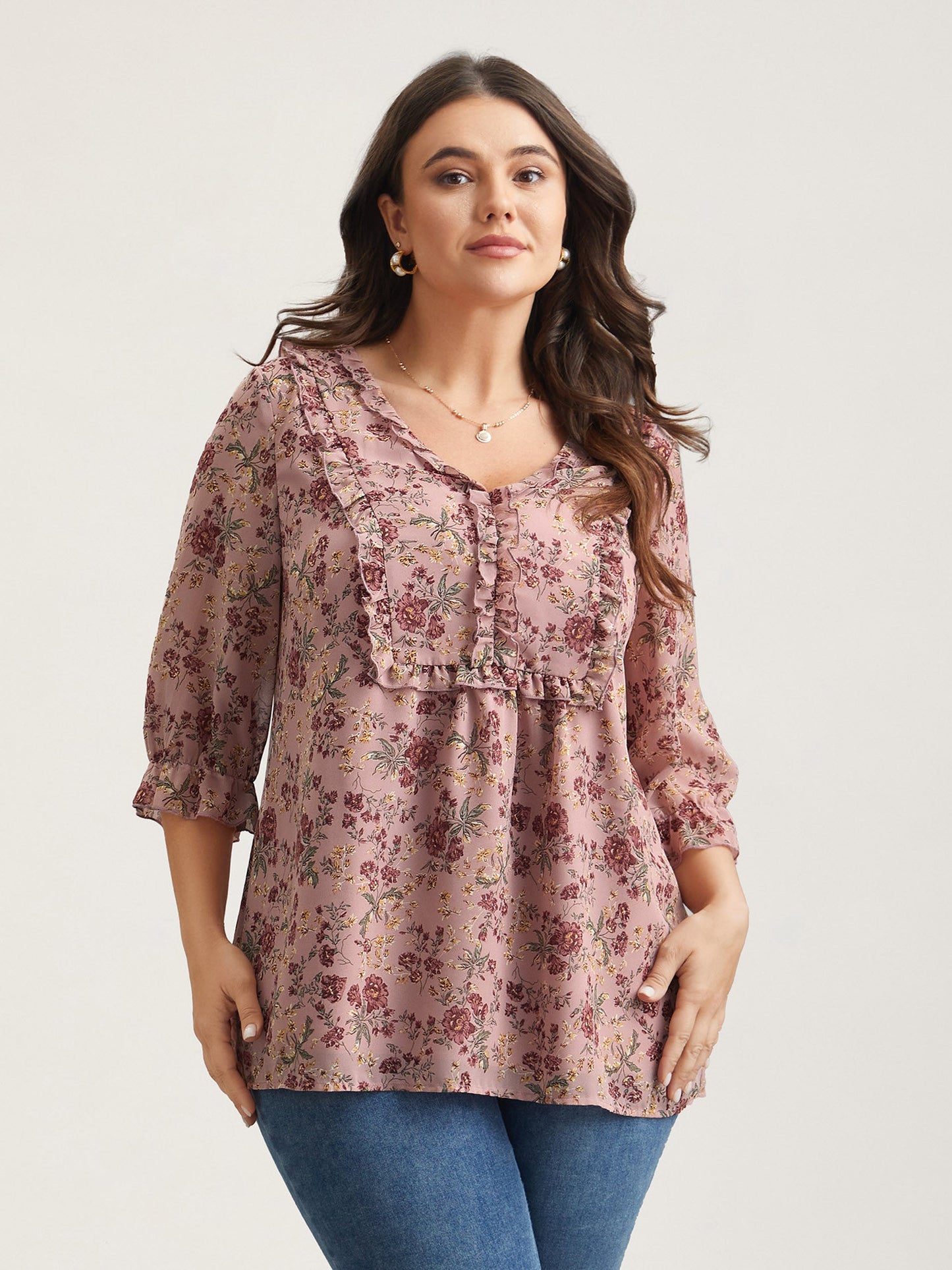 Chiffon Floral Print Ruffled Neck Flowy Shirt