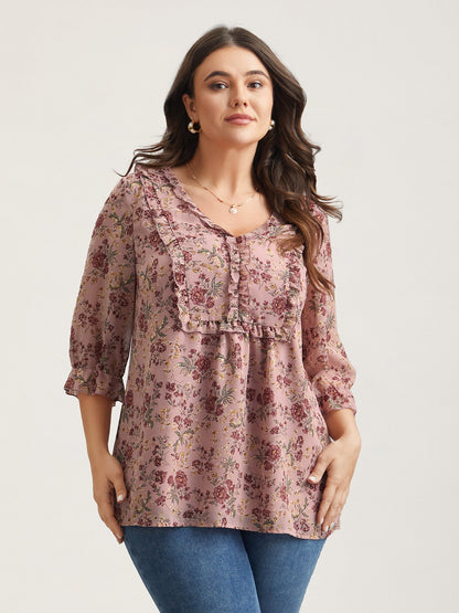 Chiffon Floral Print Ruffled Neck Flowy Shirt
