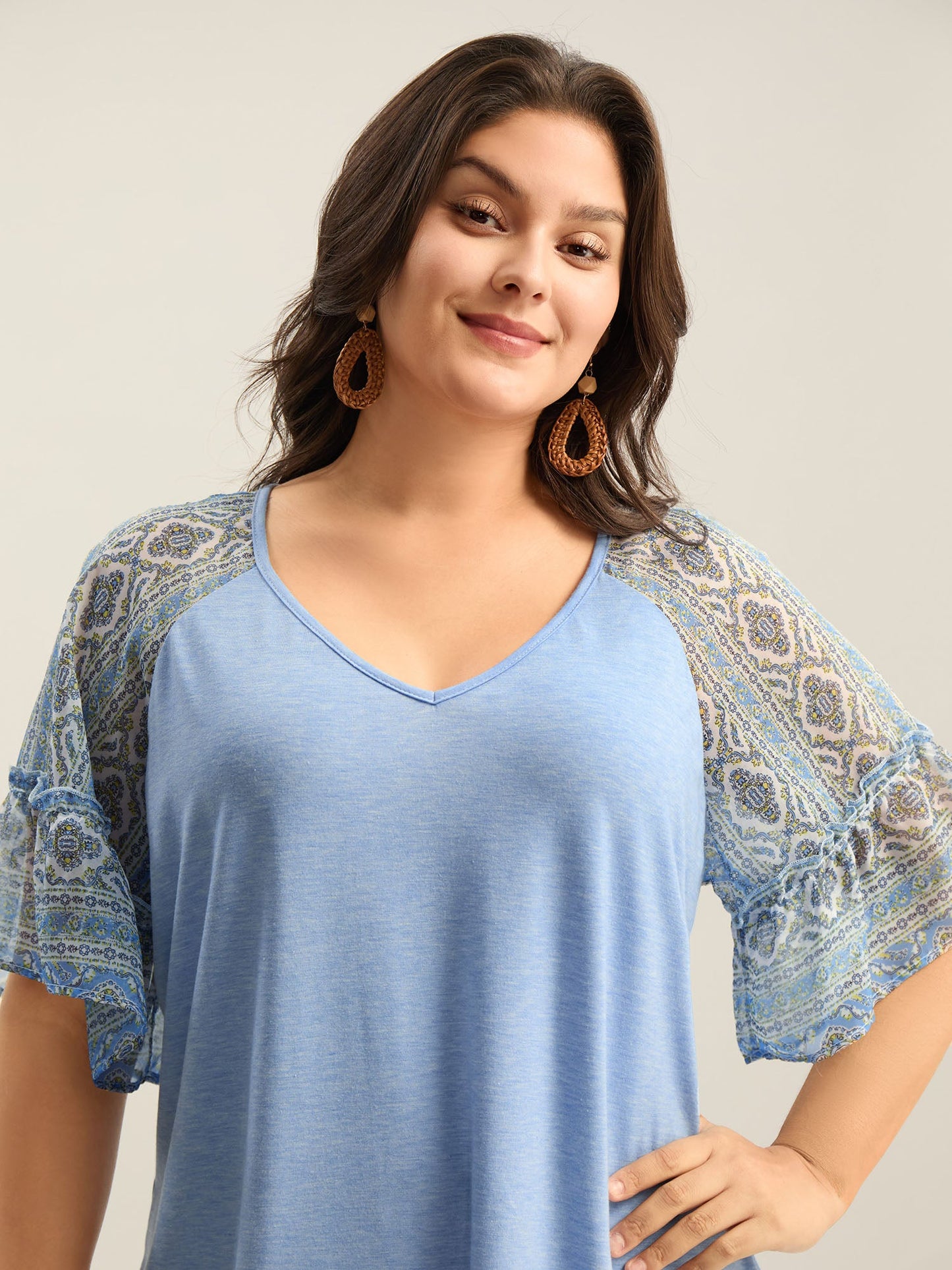 Boho Print Patchwork Raglan Sleeve T-shirt