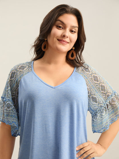 Boho Print Patchwork Raglan Sleeve T-shirt