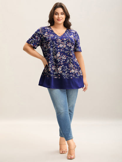 Garden Print Spliced V-Neck Blouse