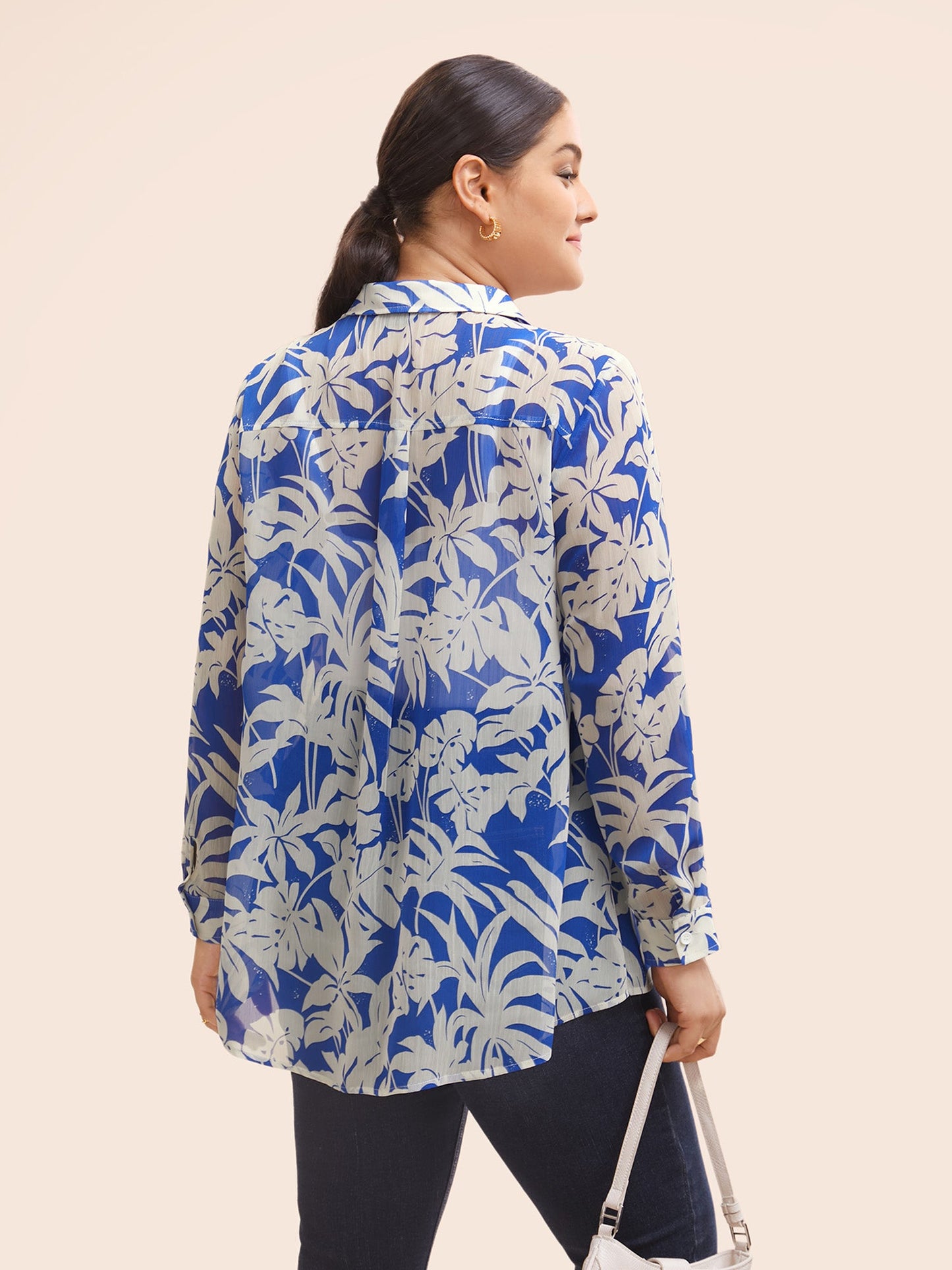 Silhouette Floral Print Shirt Collar Blouse