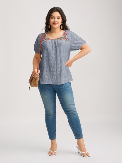 Eyelet Trim Floral Embroidered Solid T-Shirt