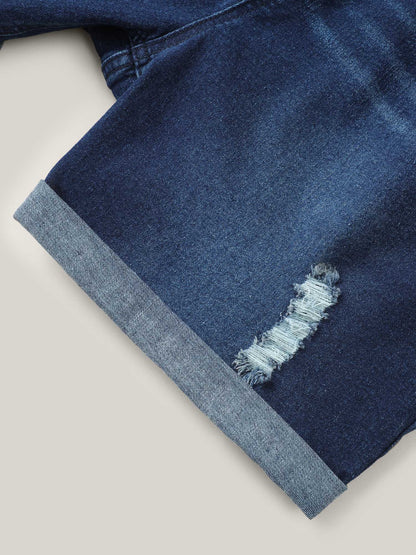 Distressed Drawstring Roll Hem Denim Shorts