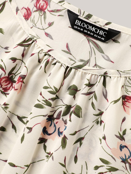 Floral Print Petal Sleeve Pleated Blouse