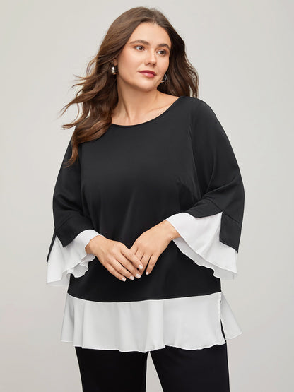 Contrast Patchwork Bell Sleeve Blouse
