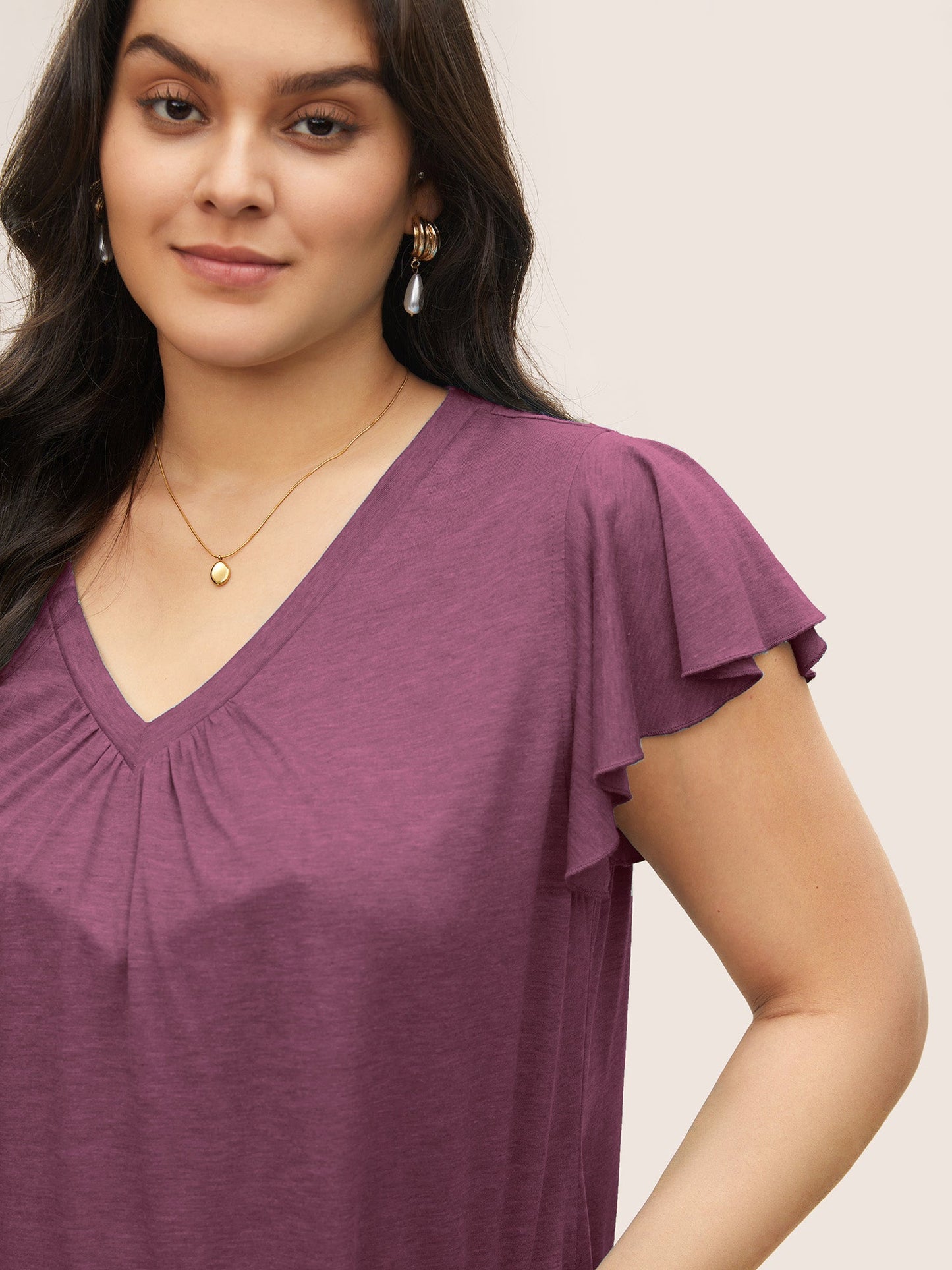 Solid Heather Gathered Ruffle Sleeve T-shirt