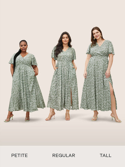 Bloom Dress - Flutter Sleeve Ditsy Floral Pocket Split Maxi Dress