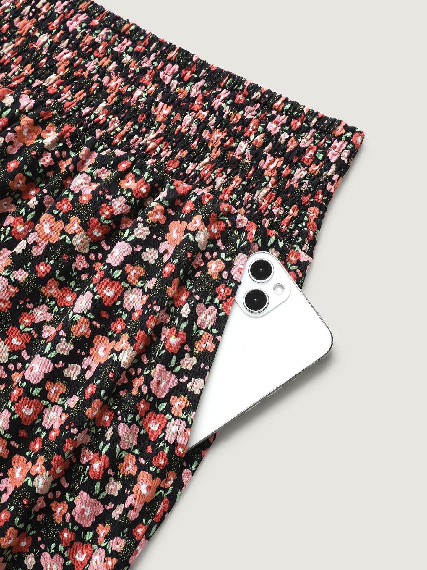 Shirred Waist Ditsy Floral Wide-Leg Pants