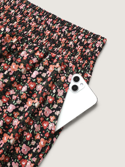 Shirred Waist Ditsy Floral Wide-Leg Pants