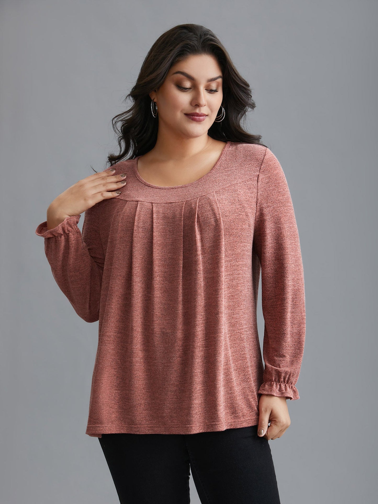 Round Neck Heather Pleated T-shirt