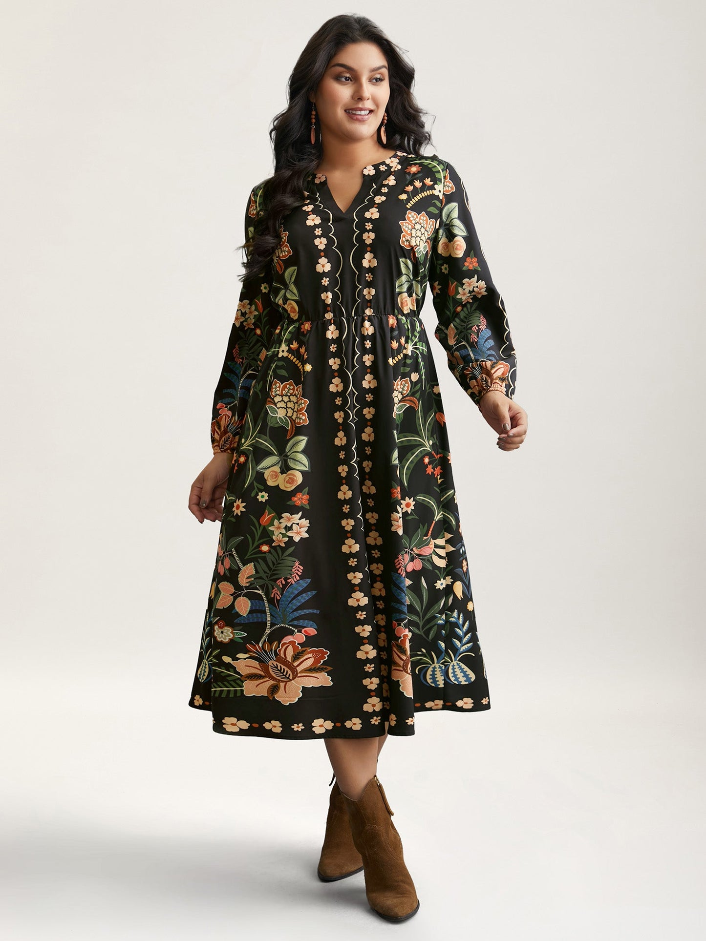 Floral Print Notched Collar Elastic Waist Dress