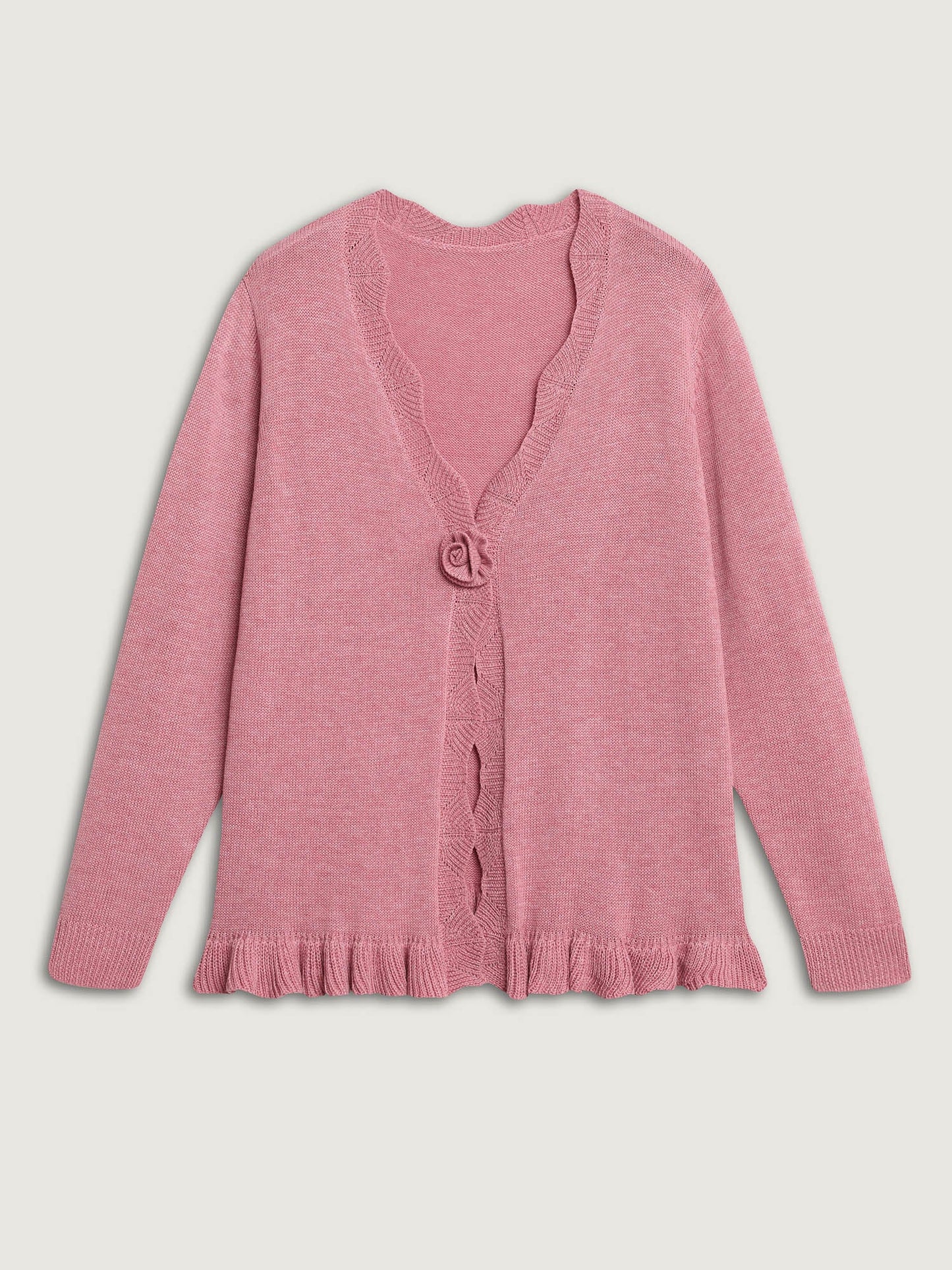 Supersoft Textured Floral Button Ruffled Hem Knit Cardigan