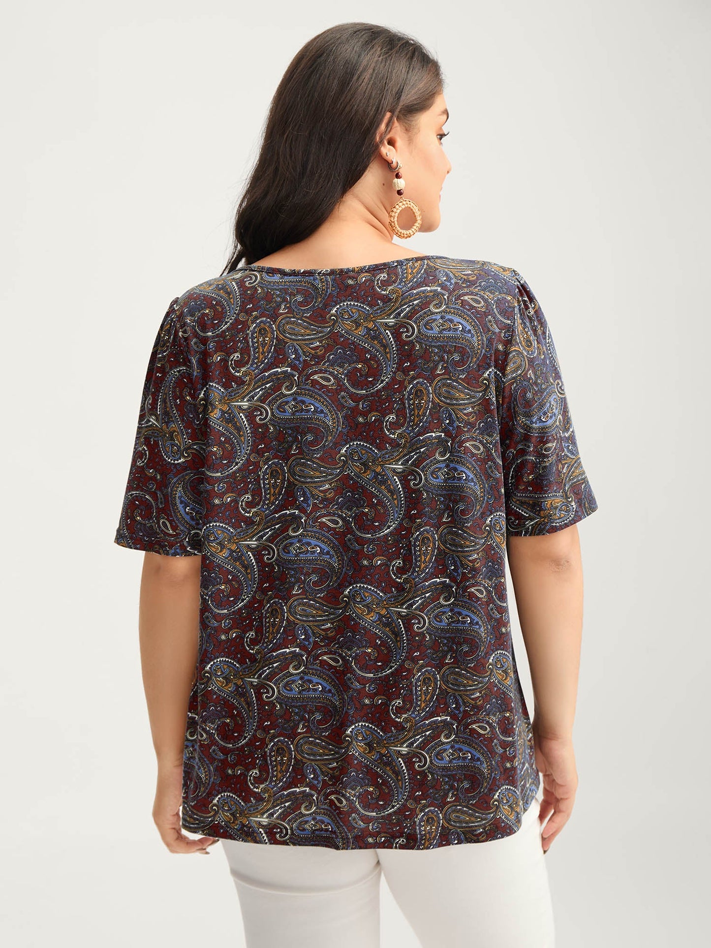 Paisley Print Neck Cut-Out Pleated Top
