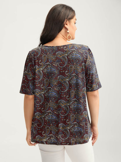 Paisley Print Neck Cut-Out Pleated Top