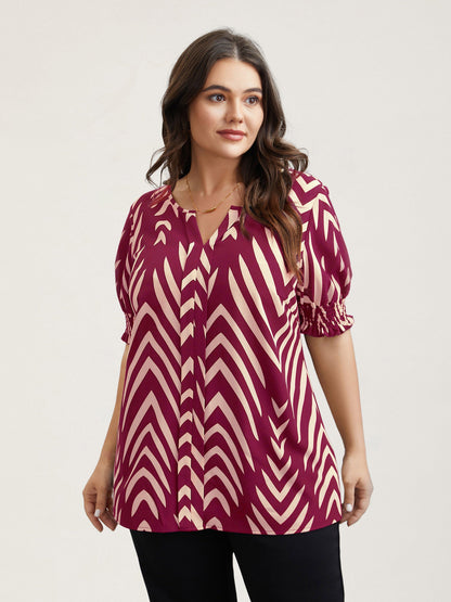 Geometric Print Ruffled Shirred Shirt