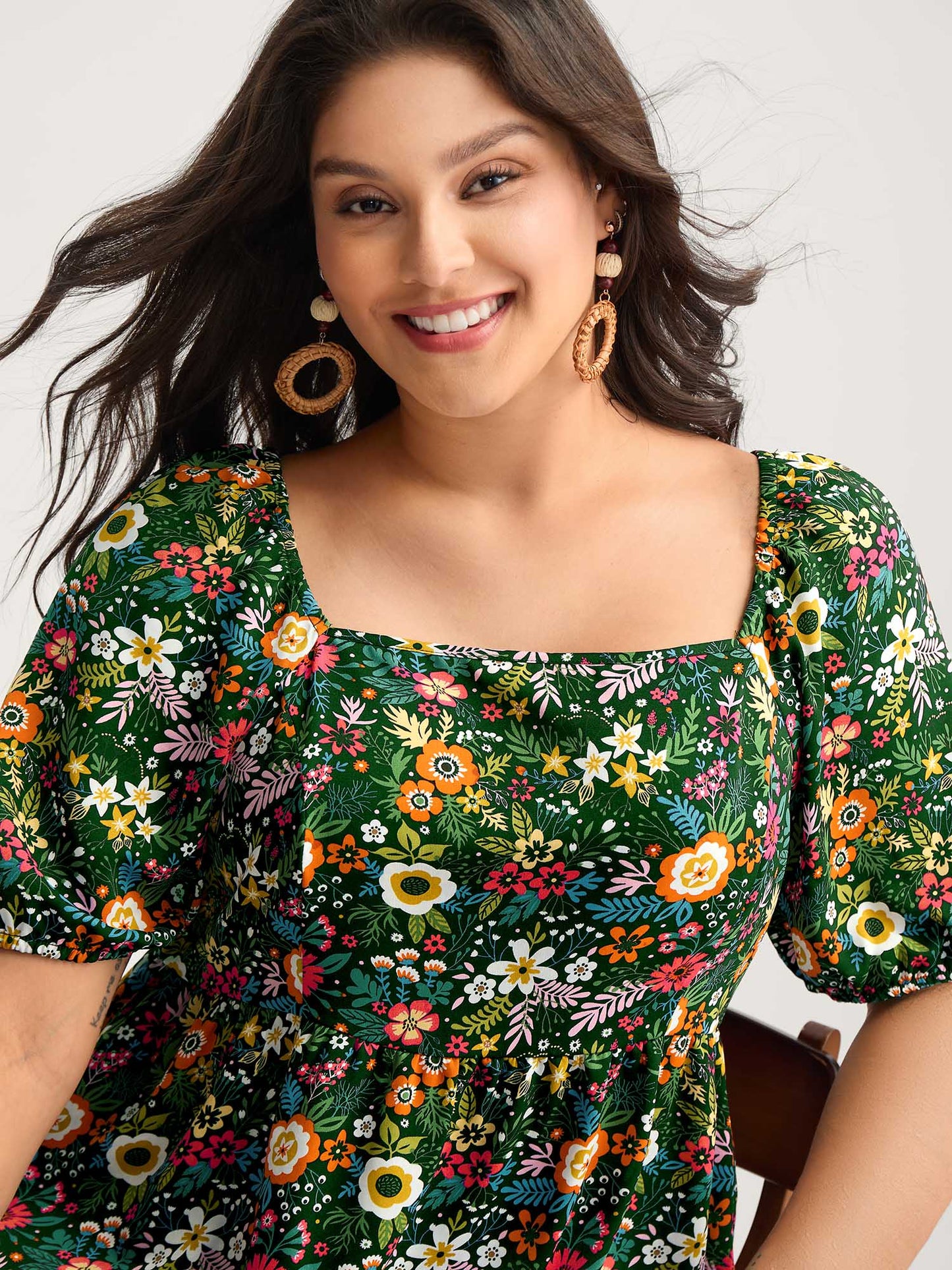 Floral Square Neck Fit and Flare Blouse