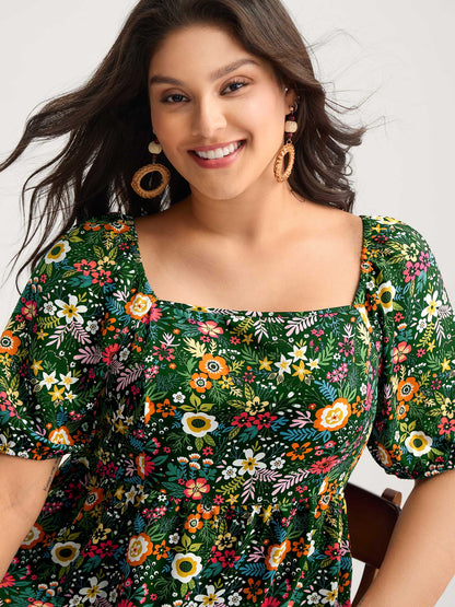 Floral Square Neck Fit and Flare Blouse