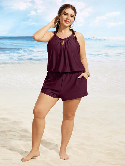 Solid Keyhole Elastic Waist Gathered One Piece Swimsuit