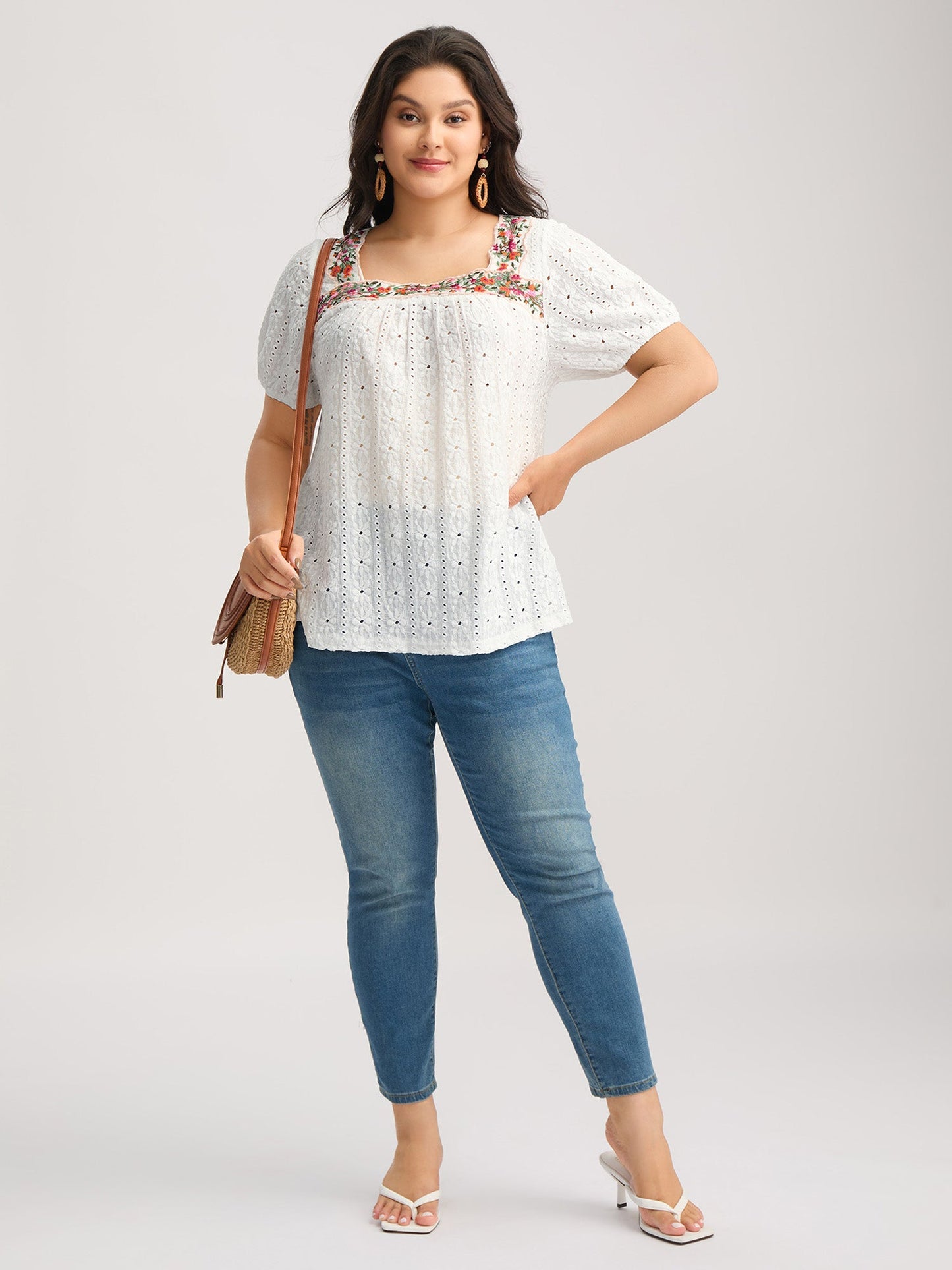 Eyelet Trim Floral Embroidered Solid T-Shirt