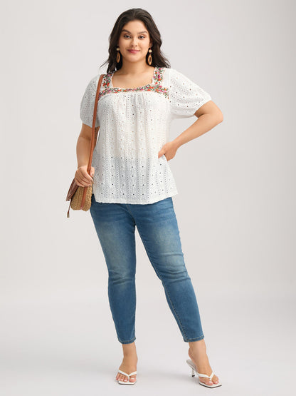 Eyelet Trim Floral Embroidered Solid T-Shirt