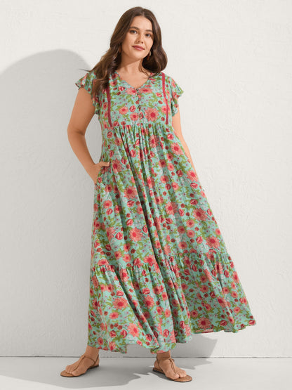 Sweet Floral Lace Trim Tiered Maxi Dress