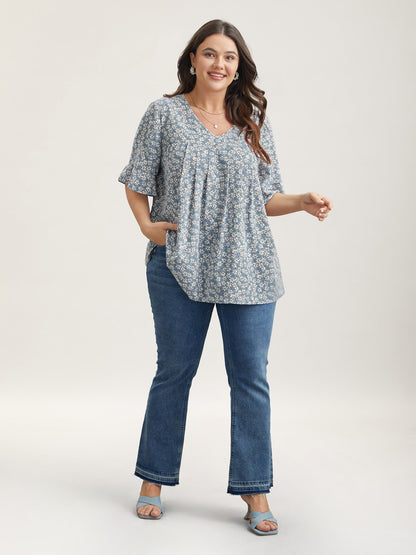 Ditsy Floral Pleated Flared Sleeve Shirt
