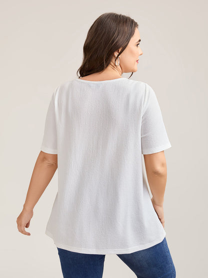 Stretchy Textured Pleated Round Neck T-Shirt