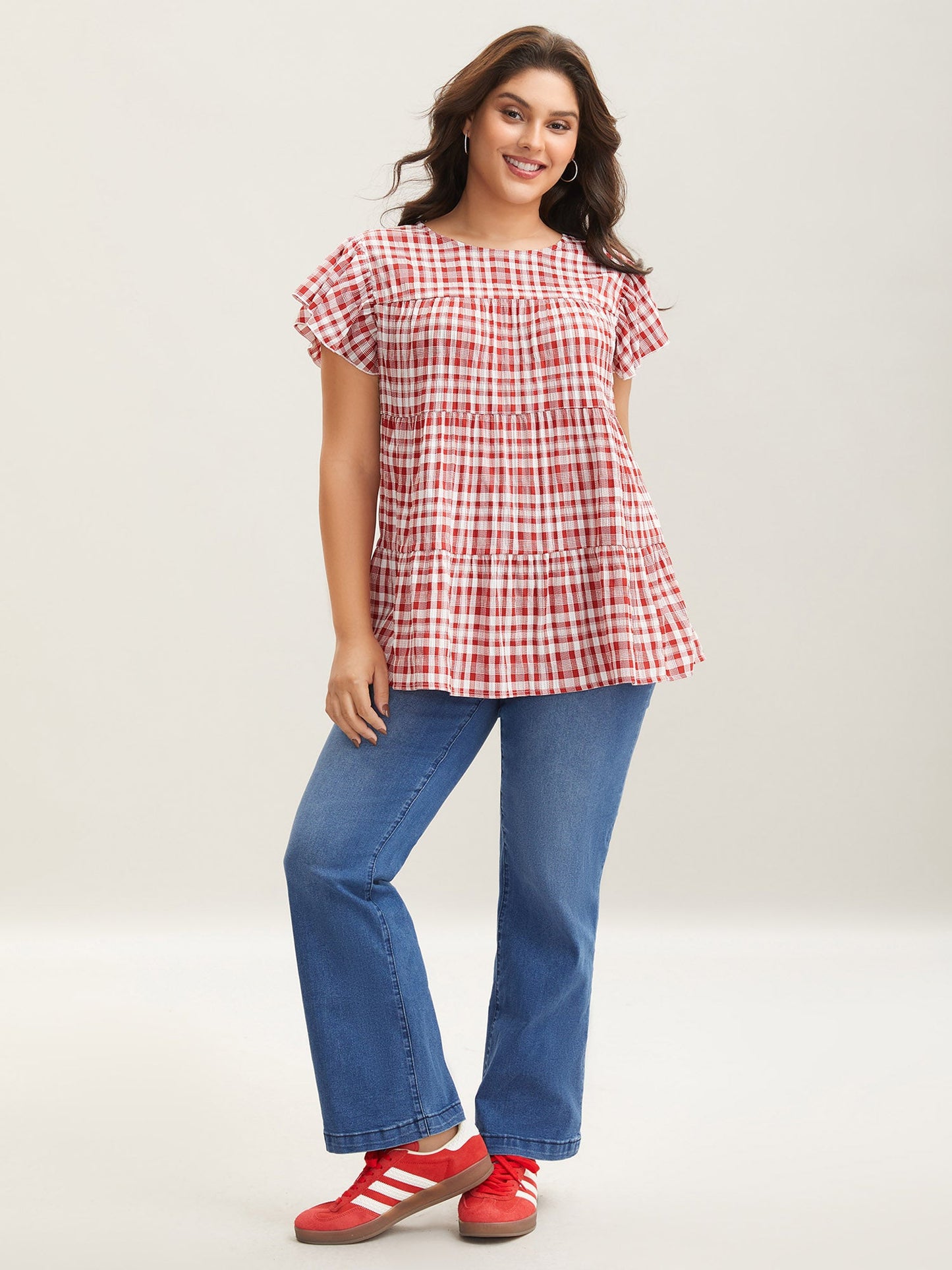 Plaid Print Textured Lotus Leaf Sleeve Shirt