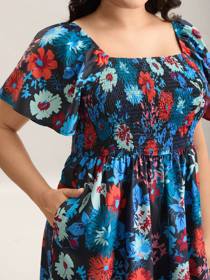 Floral Shirred Square Neck Pocket Midi Dress