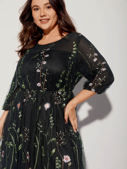 Floral Embroidered Elastic Waist Lined Midi Dress